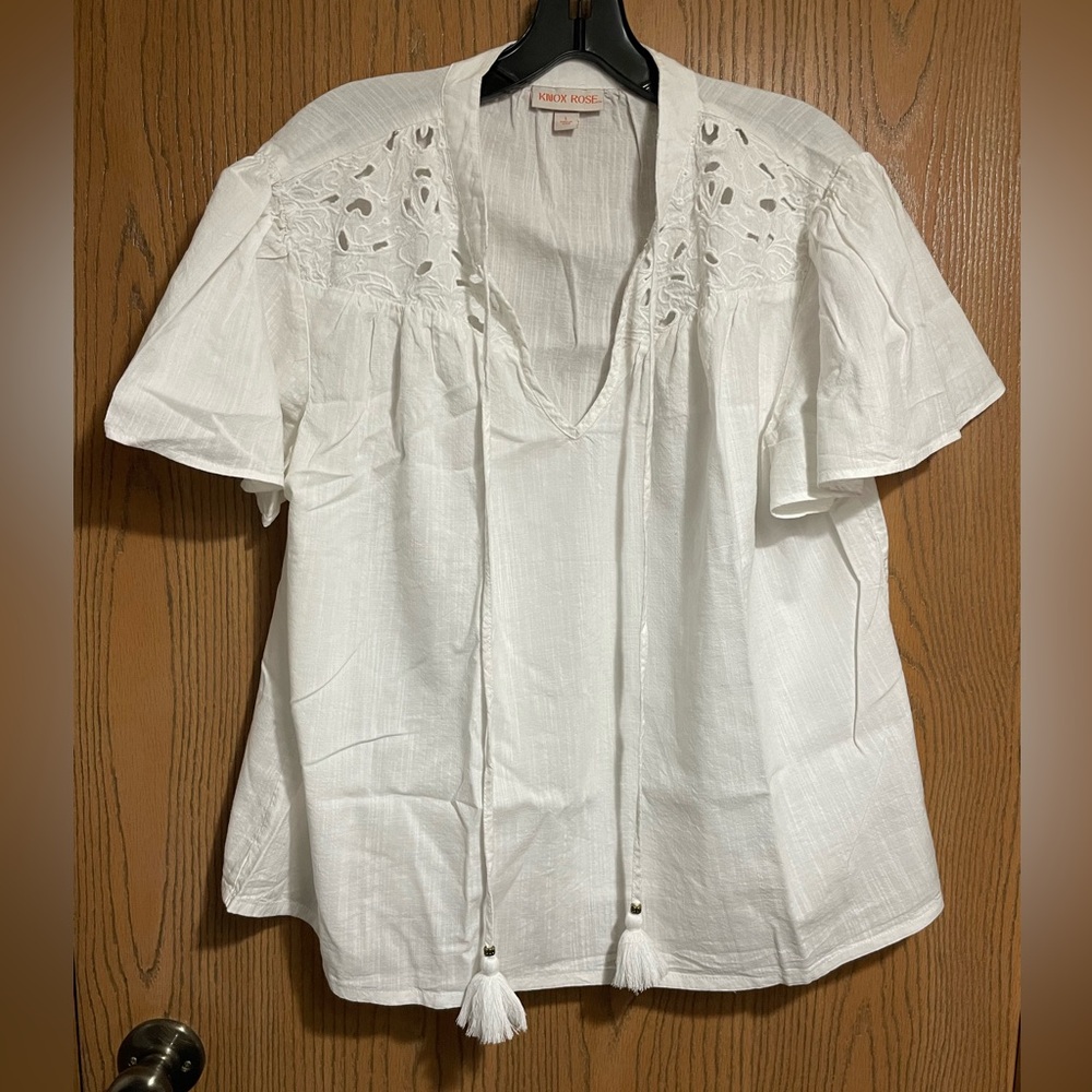Knox Rose Blouse in White with Tie Front and Tassels